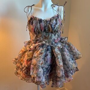 Floral Butterfly Ruffle Mini Dress - Pink & Green